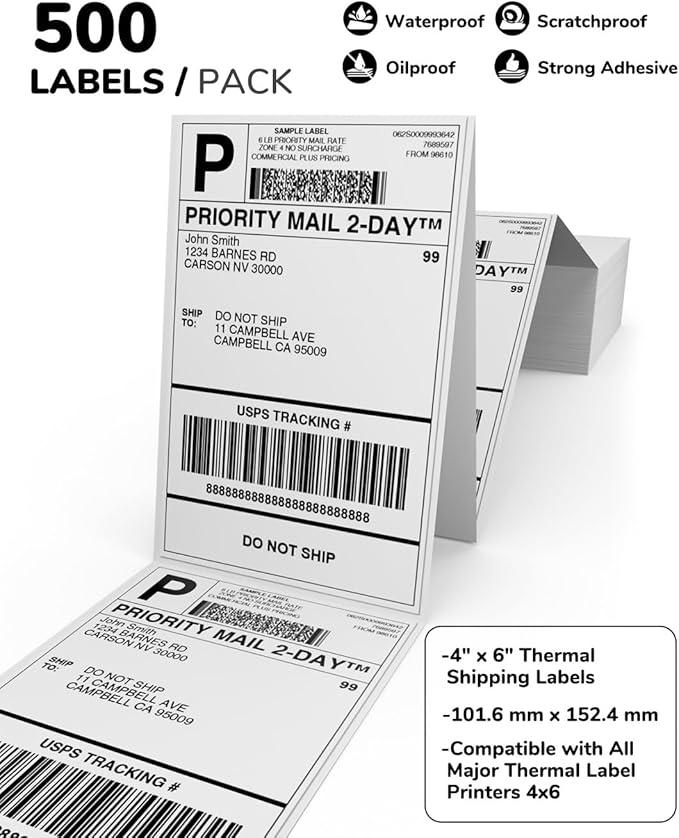 4x6 Thermal Shipping Labels for Thermal Printers - 500 Thermal Labels, Commercial Grade, Compatible with Multiple Thermal Shipping Label Printer, Ideal for E - Commerce & Logistics Business, White