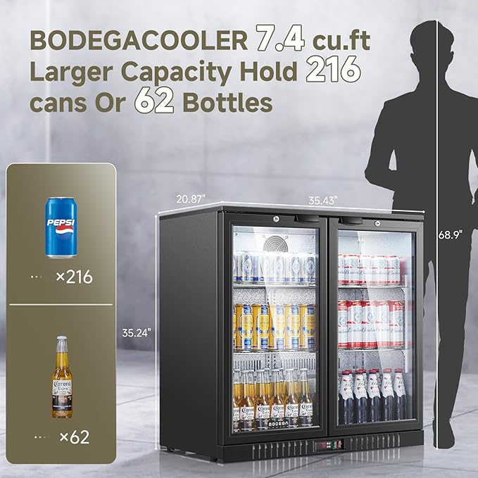 BODEGACOOLER Back Bar Cooler With 2 Glass Doors,Commercial Bar Cooler Under Counter7.4Cu.Ft,Back Bar Fridge, Beverage Bar Refrigerator with LED Lighting for Display Beverage,for Beer,Soda Drinks,Wine