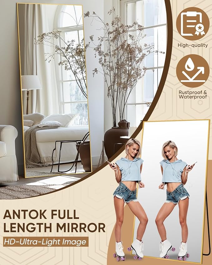 Antok Full Length Mirror, 71"x26" Floor Mirror, Floor Standing Freestanding Full Body Mirror with Stand for Bedroom, Hanging Mounted for Living Room Cloakroom, Gold