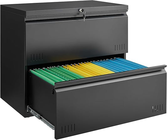 Metal File Cabinet with Lock, 2 Drawer Lateral File Cabinets for Home Office, Printer Stand, Heavy Duty Office Storage Cabinet for A4/Letter/Legal Size, Assembly Required(Black)
