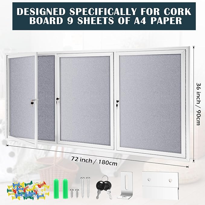 72" x 36" Enclosed Bulletin Board Outdoor 3 Door Weatherproof Tamper-Proof Enclosed Cork Board with Lock Aluminum Frame Display Case for Back to School, Office Commercial, 18xA4(Gray)