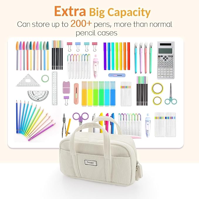 Sooez Large Pencil Case Pouch, Extra Big Pencil Bag with 5 Compartments, Pen Bag Wide Opening, Soft Waffle Pencil Pouch Organizer with Zipper, Cute Aesthetic School Supplies for Teen Girls-Coral