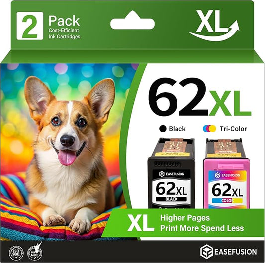 62XL Ink Cartridges Black and Color Remanufactured Replacement for HP Ink 62 HP62XL Combo Pack Compatible with Envy 7640 5660 5540 7645 5740 5746 OfficeJet 250 200 Mobile Printer, 2-Pack