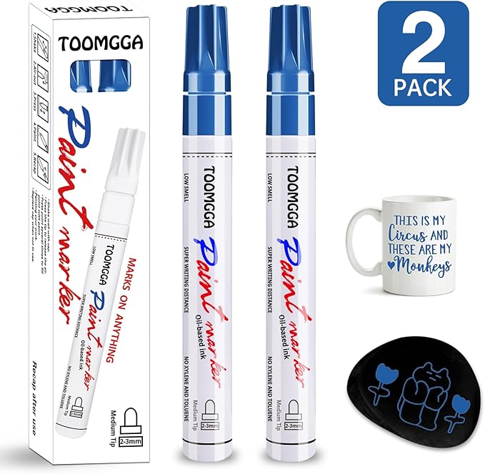 Permanent Paint Pens Blue Paint Markers 2 Pack Oil Based Markers, Quick Drying and Waterproof Marker Pen, Car Tire, Metal, Rock Painting, Wood, Plastic, Canvas, Craft Supplies for Adults