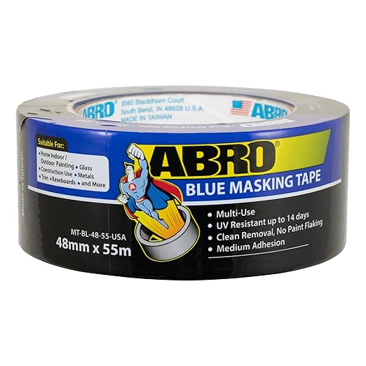 ABRO Blue Painters Tape 2 Inch Wide, 48mm x 55M, All Purpose Blue Tape, Temporary Labeling, Easy Tear, Clean Removal, Masking Tape Colored DIY or Pro