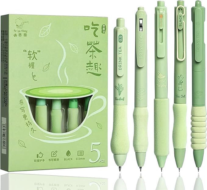 Cute Gel Pens 5Pcs Retractable Quick Dry Ink Pens 0.5mm Fine Point Black Ink Kawaii Smooth Writing Pens for School Office Supplies Aesthetic pretty pens (Green tea)