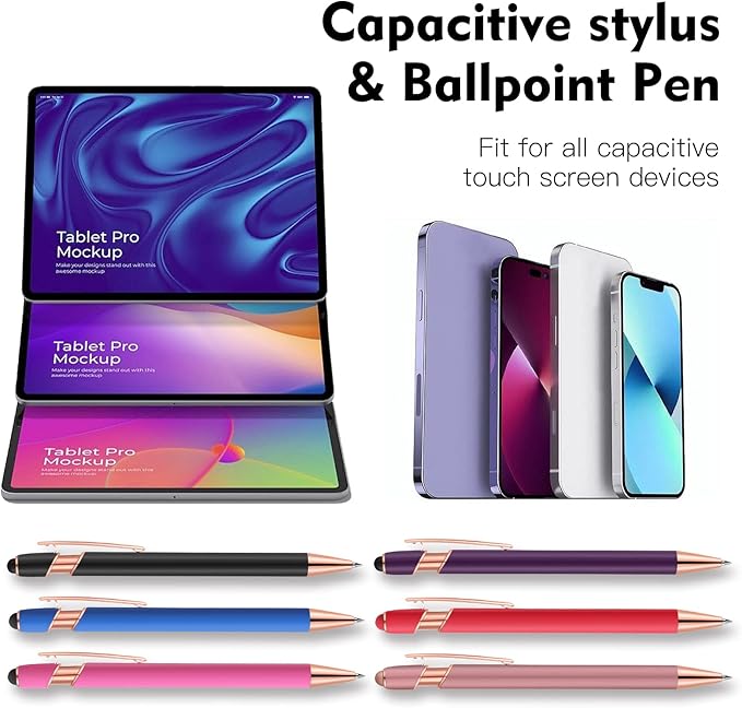 12 PCS 2 in 1 Stylus Ballpoint Pen with Stylus Tip, 1.0 mm Black Ink Metal Pen Stylus Pen for Touch Screens (Rose glod & 6 Colors)