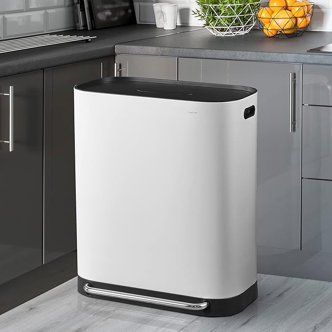 happimess HPM1014C Beni Kitchen 16-Gallon Double-Bucket Step-Open Trash Can with Soft-Close Lid, Modern, Minimalistic, Fingerprint Proof for Home, Kitchen, Laundry Room, Office, Bathroom, White