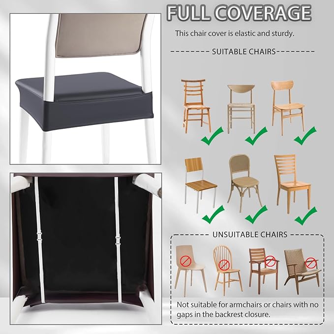 CWK Waterproof PU Leather Dining Chair Covers Set of 6 - Stretchable Chair Seat Slipcovers, Removable & Washable Protector for Dining Room,Home,Office,Wedding,Rear Covers (PU-Grey)