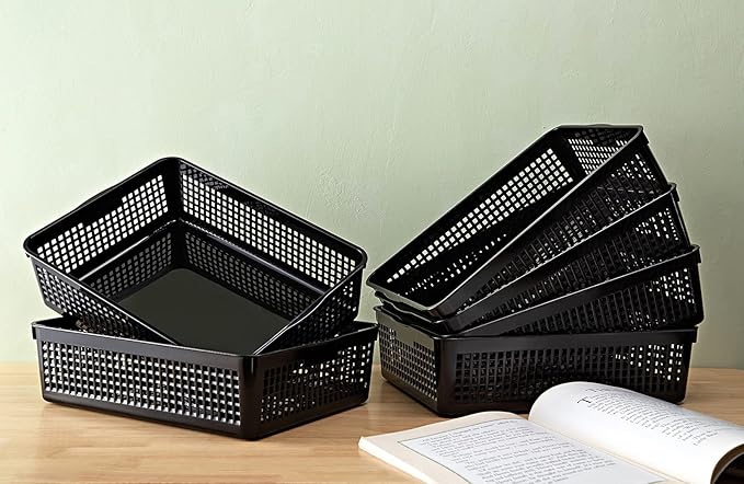 A4 Size Plastic Storage Basket,Desktop File Paper Letter Organizer Tray, 6-Packs (Black)