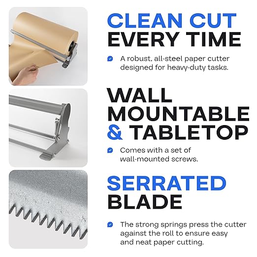 IDL Packaging 36" Kraft Paper Roll Dispenser & Cutter for Rolls up to 36" Wide and 9" in Diameter – Tabletop Reinforced Steel Paper Holder with a Cutter – for Kraft and Butcher Paper