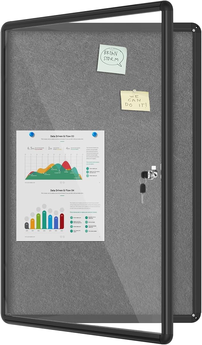 36"x24" Enclosed Bulletin Board, Lockable Weather-Resistant Aluminum Cork Noticeboard for School & Office, Black Frame w/Grey Flet