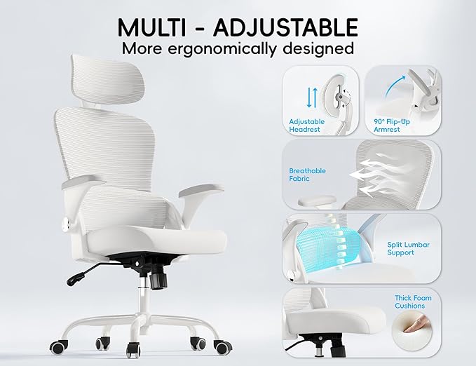 TRALT Office Chair - Ergonomic Office Chair with Back Support, Computer Chair - Home Office Desk Chairs, 330lbs Wide Seat Big and Tall Office Chairs with Headrest, Comfy Desk Chairs (White)