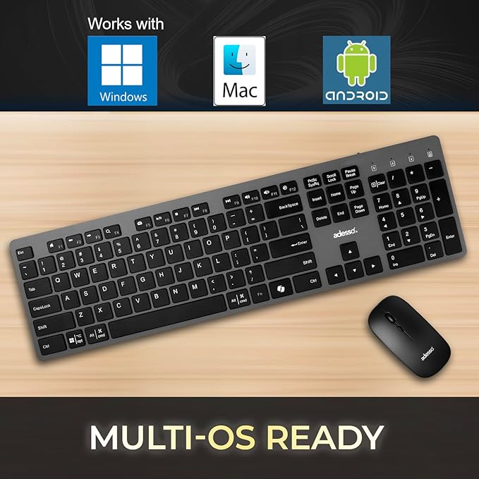 Adesso Wireless Scissor Switch Keyboard and Mouse Combo with Copilot AI Hotkey - Multi-OS Compatible for Mac, Quiet Switches, USB-A 2.4GHz Dongle