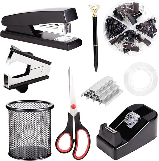 Black Desk Accessories, Office Supplies Set with Stapler, Tape Dispenser, Staple Remover, Pen Holder, Scissor, Binder/Paper Clips, Ballpoint Pen, Clear Tape and 1000pcs Staples