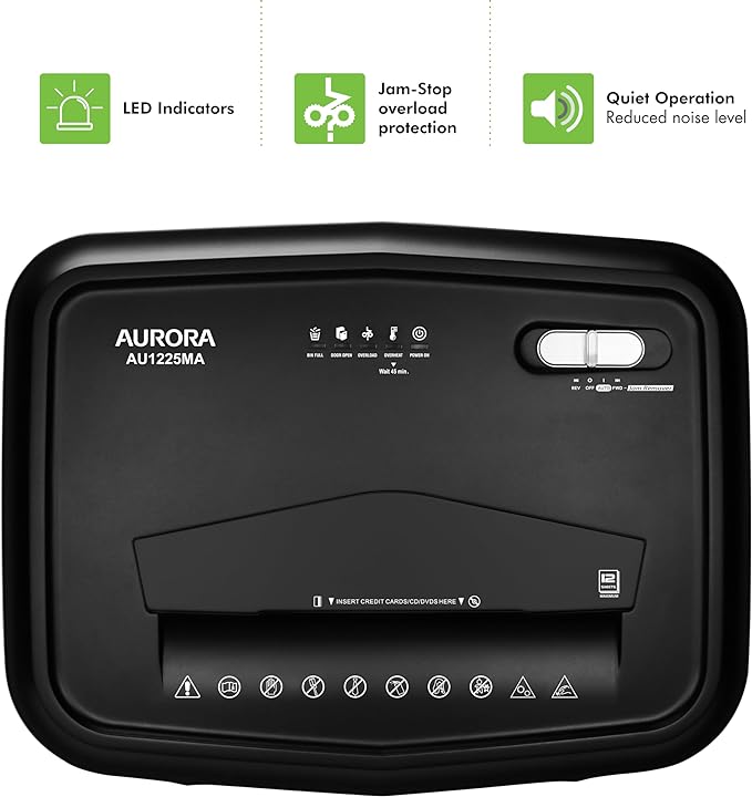 Aurora AU1225MA High-Security 12-Sheet Micro-Cut Paper and CD/Credit Card Shredder/ 5-Gallon Pullout Basket/40 Minutes Run Time