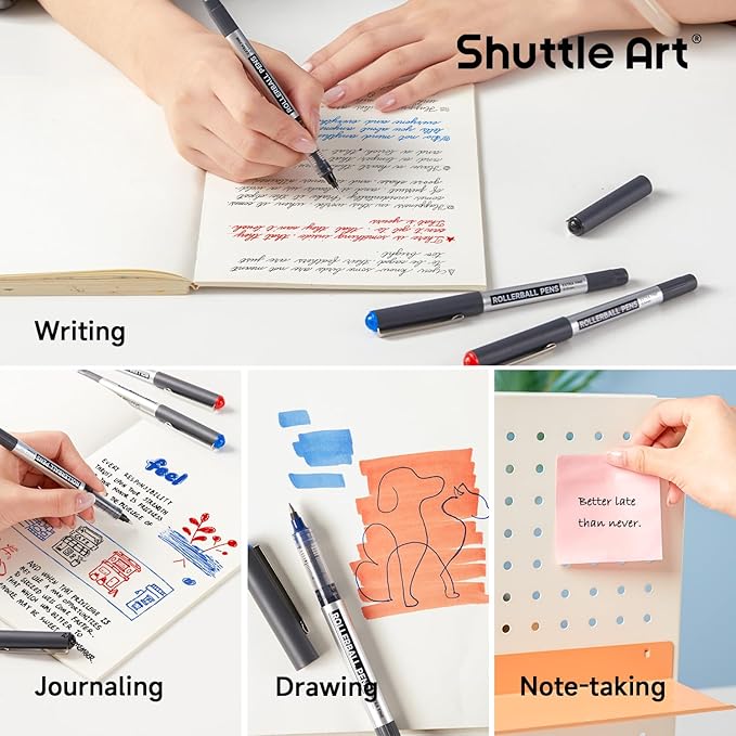 Shuttle Art Rollerball Pens, 10 Pack(8 black 1 blue 1 red) Liquid Ink Pens, 0.5mm Extra Fine Point, Quick Drying for Writing Journaling Taking Notes School Office