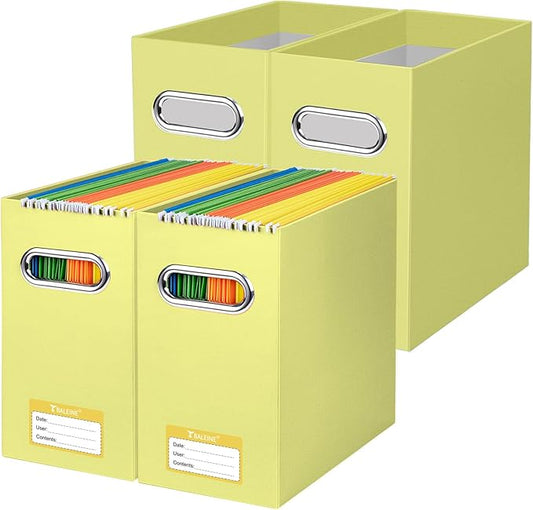 BALEINE File Organizer Box, Cardboard File Folder Organizer with Handle for Letter Size, Portable Collapsible Hanging Filing Box for Home Office Document Storage (4 Pack, Yellow)