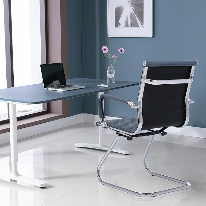 Office Guest Chairs Reception Chairs Waiting Room Chairs Set of 2 Conference Room Chair with Mid Back, Modern PU Leather Desk Chairs, Navy