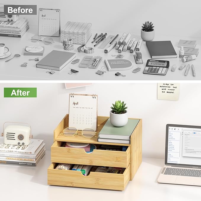 Desk Organizer with Drawers - Bamboo Desktop Organizer Storage | Wood Desk Drawers Organizer for Bills, Office Supplies, Cosmetics, Seals No Assembly Required (2 Drawer)