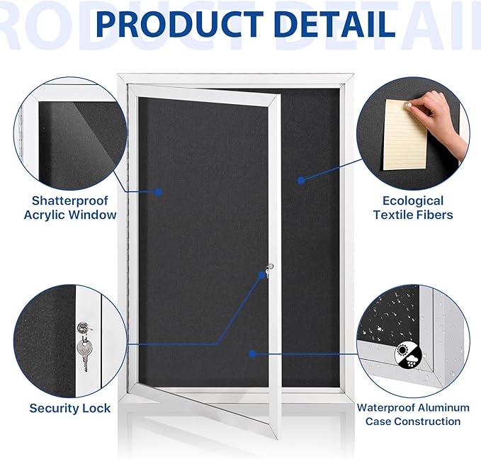 SWANCROWN Outdoor Bulletin Board Weatherproof 36x24in, Enclosed Bulletin Board with Locking Door Wall Display Case for Office School Commerce Show, Black Felt, Sliver Aluminum Frame