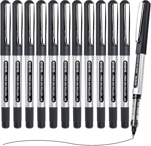 EYEYE 0.5mm Black Pens 12 Pack, Extra Fine Point Rollerball Pen Quick Dry, Liquid Ink Pens Fine Point Smooth Writing Pen for Journaling, Note Taking, Office, School Supplies