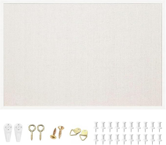 OWLKELA 24'' x 36'' Linen Bulletin Board, White Framed Corkboard, White Oak Frame Linen Cork Board, Vision Board and Decorative Hanging Pin Board