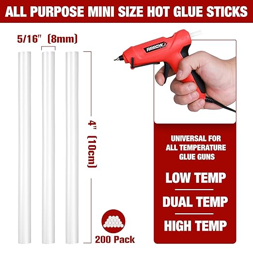 Arrow Mini Hot Glue Sticks, 200 Pack Clear Glue Gun Sticks, 4" and 5/16'' Diameter High Viscosity All-Purpose Gun Stick for DIY Art, Craft General Repairs, Festival Home Decoration