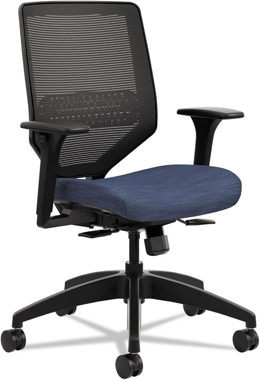 HON Solve Task Chair, Ergonomic Office Chair Mesh Back Support, Adjustable Lumbar, with Wheels, Height-Adjustable Arms, for Computers, Desks, Home Office, Blue