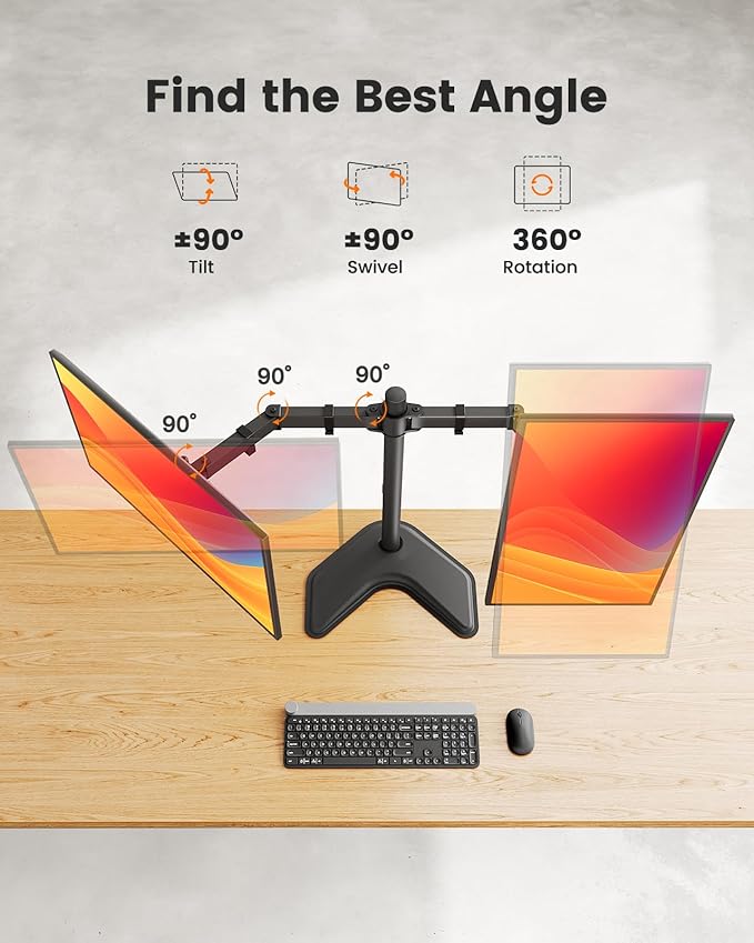 ErGear Freestanding Dual Monitor Stand for 2 Screens up to 32 inch, Heavy Duty Monitor Mount Holds Max 22 lbs per Arm, Height Adjustable Computer Monitor Stand for Desk, VESA 75x75/ 100x100mm, Black