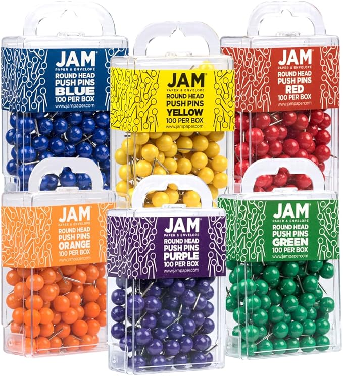 JAM PAPER Colorful Push Pins - Round Head Map Thumb Tacks - Assorted Rainbow Colors - 600/Pack