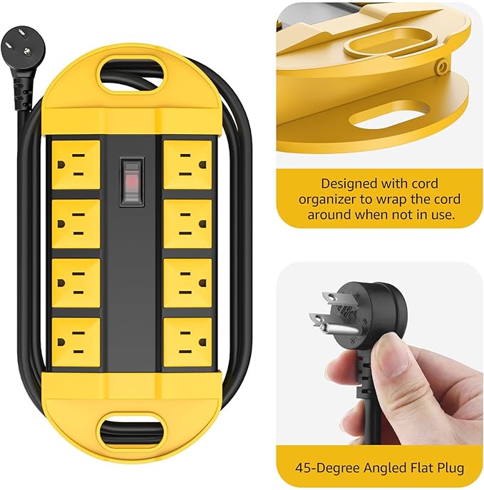 CCCEI 2 Outdoor Power Strips Weatherproof with 8 Plug, Waterproof Extension Cord with Multiple Outlets, Christmas Exterior Garden Yard Surge Protector 10FT, Yellow.
