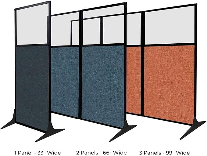 Versare Office Workstation Screen | Portable Wall Divider | Modern Cubicle | Freestanding Privacy Screen | Flexible Work Space | 3 Panels | 99" Wide x 70" Tall Dark Gray SoundSorb Panels with Window