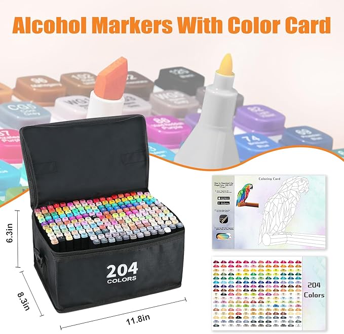 204 Colors Alcohol Markers with Free App, Chisel Tip and Fine Tip, Dual Tip Alcohol-Based Marker set for Artist Adults, Art Markers for Painting, Coloring, Sketching and Drawing,Great Gift Idea