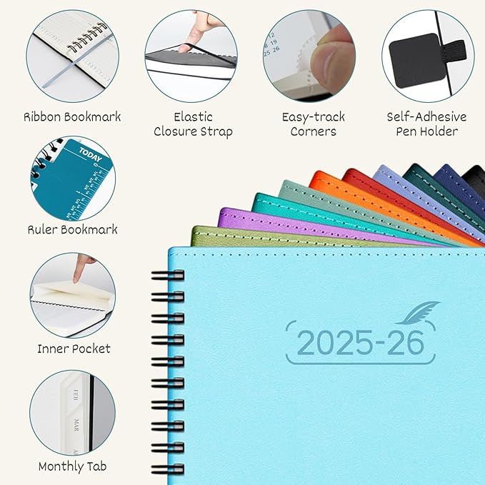 BEZEND Planner 2025-2026 Weekly and Monthly, 8.5" x 11" Academic Calendar (Jul 25-Dec 26) Vertical Daily Appointment with Hourly Timeslot & Monthly Tab, Spiral, PU Leather Softcover - Cornflower