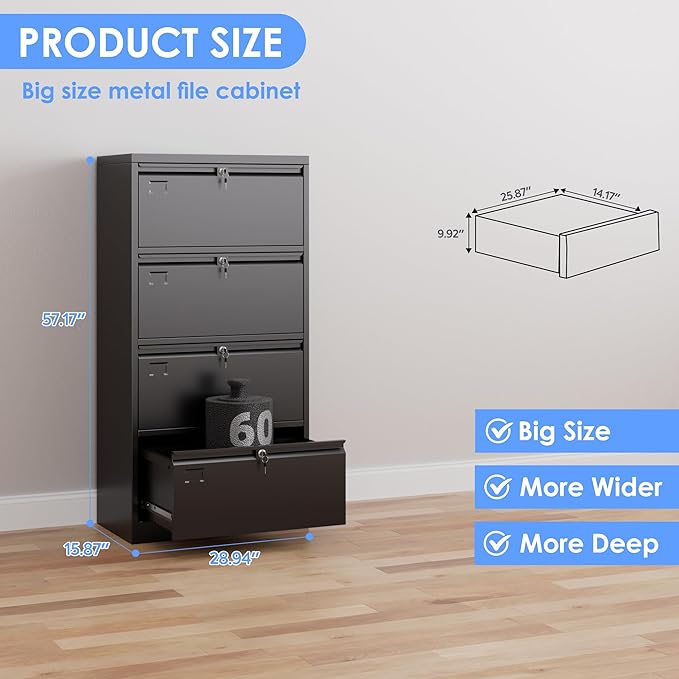 4 Drawer Lateral File Cabinet, Metal Wide Filing Cabinet with Independent Locks, Home Office Furniture for Hanging Files Letter/Legal/F4/A4 Size, Assembly Required, Black