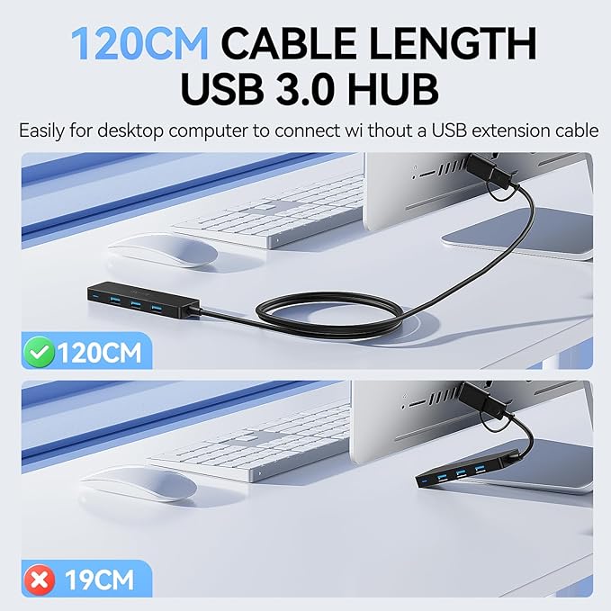 Aceele USB C/A Hub for Laptop, Ultra Slim USB Splitter 4 Port USB 3.0 Data Hub, Multi USB Port Expander with 4Ft Long Extension Cable for Desktop Mini PC,MacBook Air/Pro, iMac, PS5, Flash Drive