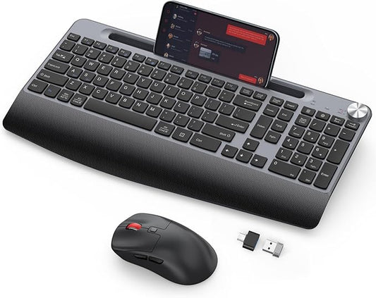 Ergonomic Wireless Keyboard and Mouse with Wrist Rest，Phone Holder - 2.4GHz Full-Sized Low-Profile Quiet Wireless Mouse and Keyboard Combo for Computer, Laptop, PC, Mac-Grey