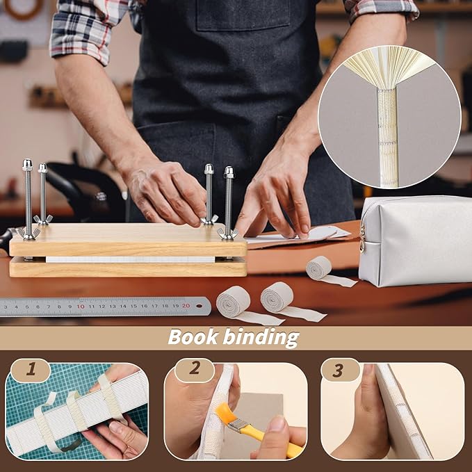 45 Pcs Book Binding Kits Bookbinding Kit Book Press 7.9”x11.6” with Book Binding Materials Bone Folder Tool Binding Cloth Webbing Strap and Storage Bag for Binding and Repair