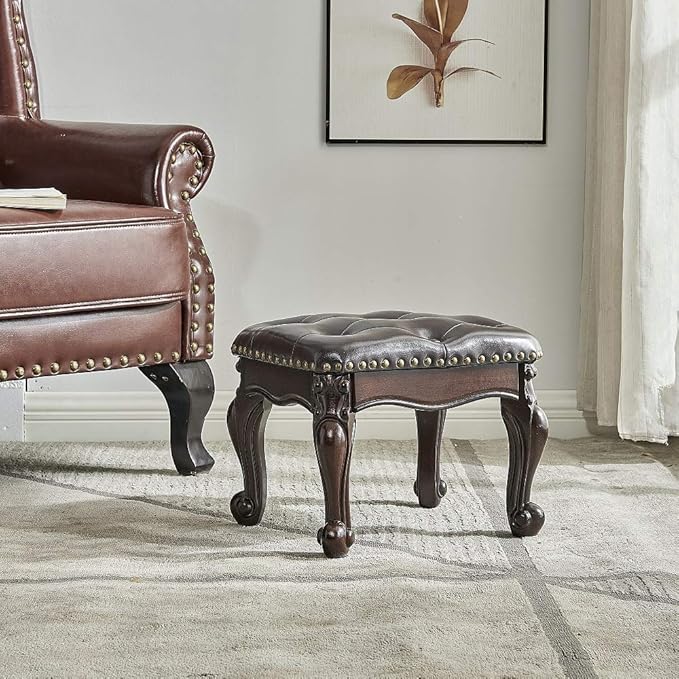 LEILISI Small Footstool Brown Leather Ottoman,Vintage Carved Upholstered Footrest, Rubber Wooden Foot Rest Stool Sofa Stool (Black-Brown)