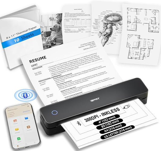 iDPRT Inkless Portable Printer for Travel, 300DPI Wireless Thermal Printer Support 8.5 x 11 Inch US Letter, A4, Small Bluetooth Printers Compatible with iOS, Android Laptop for Office Car Home, Black