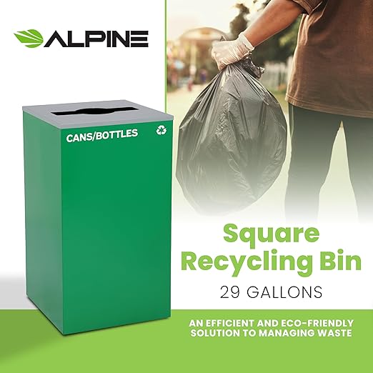 Alpine Industries Mixed Lid 29 Gallon Sturdy Steel Cube Recycling Container, Square Opening - 3 Color Cans Available Sold Separately (Lid Mixed Opening)