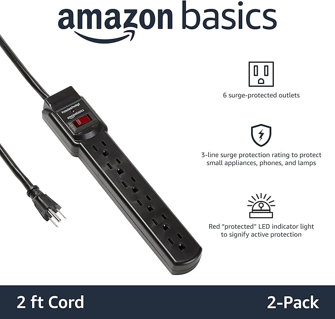 Amazon Basics Surge Protector Power Strip, 6-Outlet with 200J Protection, 2ft Extension Cord, Rectangle, Black (2 Pack)