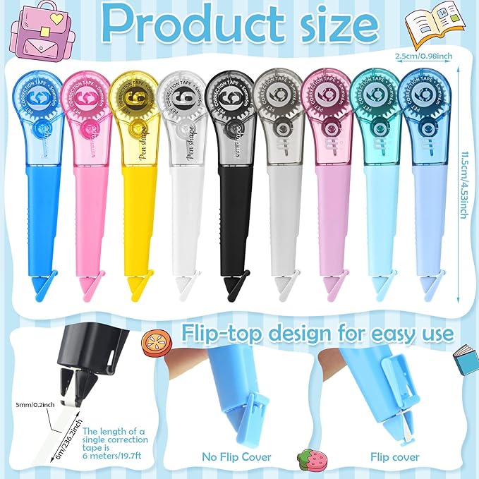 9 Pack Correction Tape Pens 1/5" X 236", 9 Color Correction Tape Comfortable Pen Shape Correction Pen Easy to Use Applicator for Instant Correction Students School Office Supplies