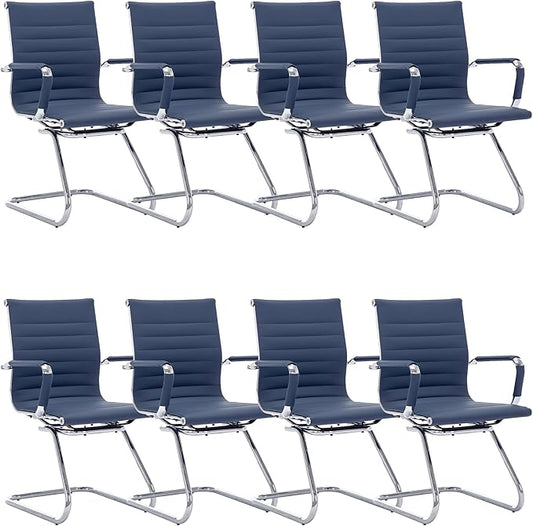 Office Desk Chair Set of 8,No Wheels PU Leather Computer Chairs Mid Back Guest Chairs with Seld Base for School/Reception/Conference/Waiting Room,Navy Blue