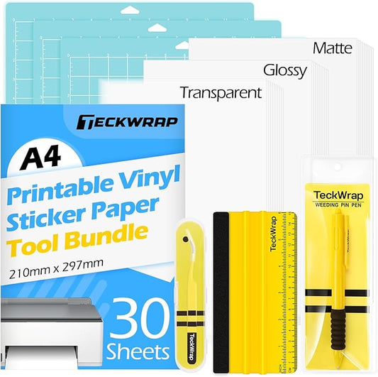 TECKWRAP Printable Vinyl Sticker Paper, (MatteGlossyTransparent) Inkjet Printable Sticker Vinyl, A4 30PCS Photo Paper for Craft, Stickers, Labels All-in-One Tools & Accessories Bundle Kit