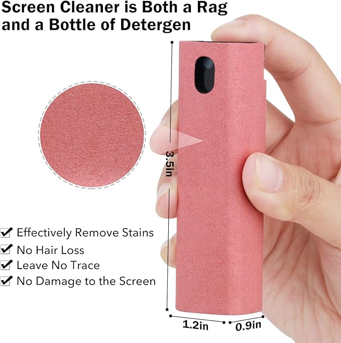 2 Pcs Fingerprint Proof Screen Cleaner, 3 in 1Touchscreen Mist Cleaner Spray Wipe Cleaner Screen Cleaner Soft Fiber Flannel, Safe for All Phones Glasses Tablet Laptop TV Watch Screens (Pink)