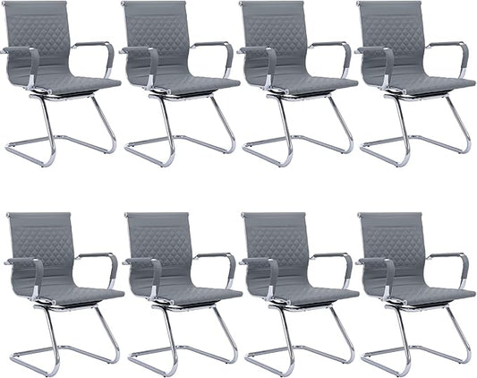 Office Guest Chairs - Set of 8 Mid Back, Modern PU Leather Desk Chairs for Reception & Conference Rooms, Grey
