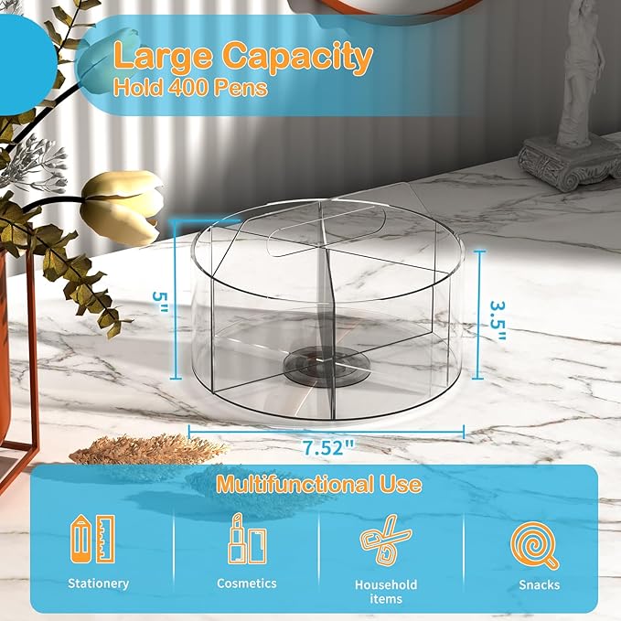 Acrylic Pen Holder, 2 Pack 360 Rotating Organizer With 6 Compartments, Desk Office Storage for 800 Pens, Markers, Crayons and Art Supplies