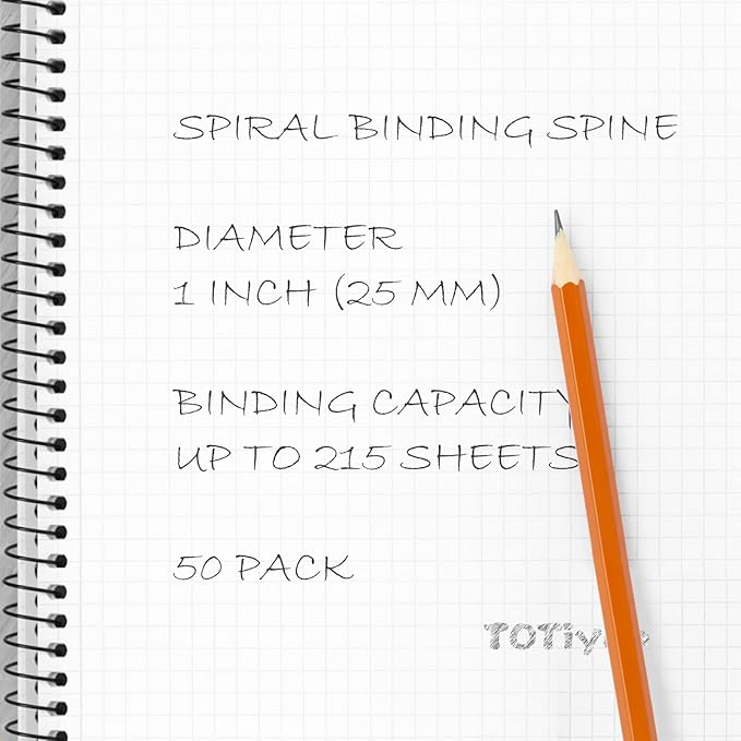 TOTiyea 50 Pack Plastic Binding Coils, 215 Sheet Capacity, 25mm (1") Binding Spirals, 4:1 Pitch, Black
